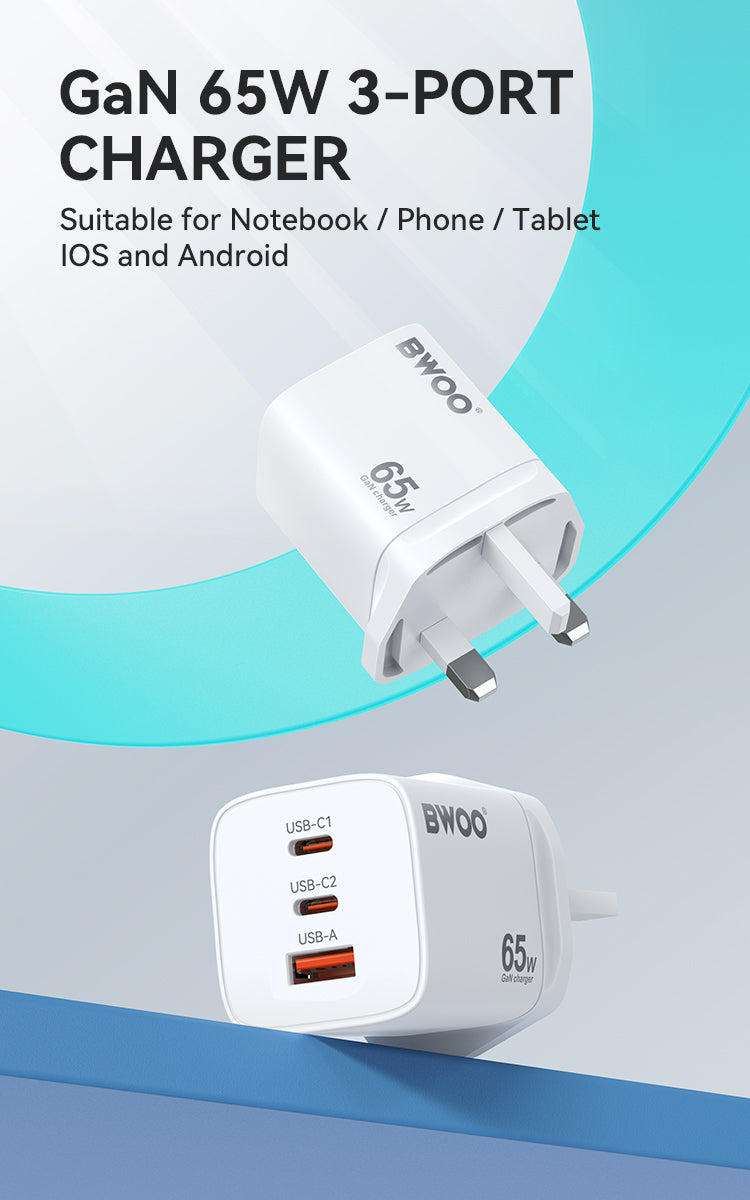 Bwoo Super fast Wall Charger, Fast Charger 65W Gan 3 in 1,Fast Charger for Iphone, Ipad, Iwatch, Samsung, Vivo, Oppo Etc