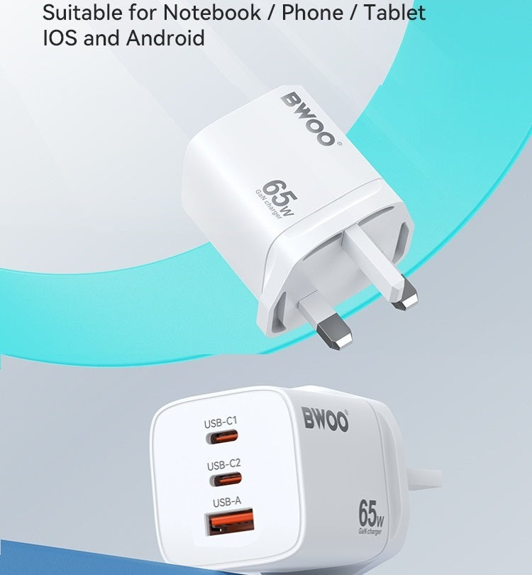Bwoo Super fast Wall Charger, Fast Charger 65W Gan 3 in 1,Fast Charger for Iphone, Ipad, Iwatch, Samsung, Vivo, Oppo Etc