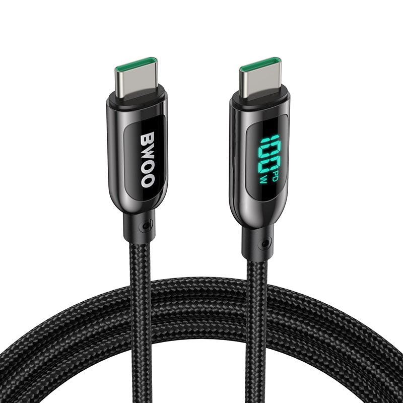Bwoo X275 100W Super Fast charging type C to type C data cable with Real time Digital Power Display, Nylon braided, Zinc-alloy shell, Automated power