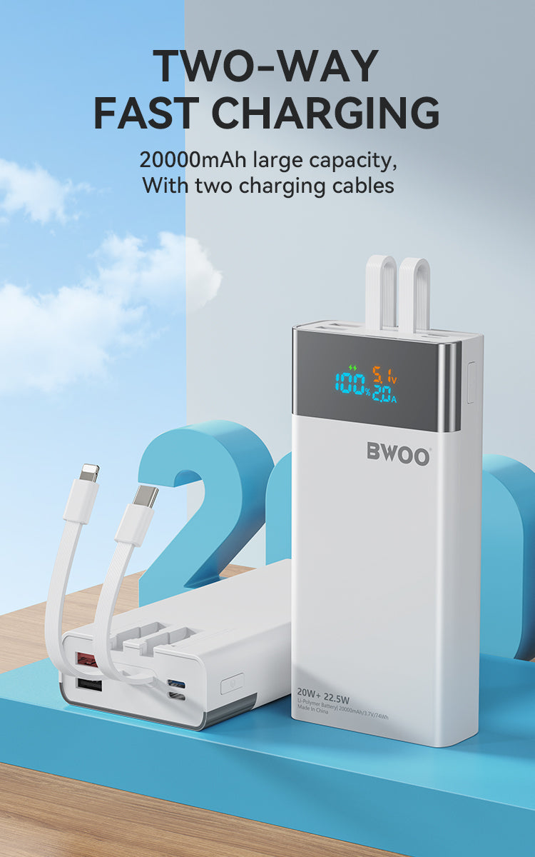 Bwoo Super Ultra Fast Power Bank, 20000mAh 22.5W Fast Charge Power Bank with built-in Cables, Fast Charging Power Bank for Samsung, Iphone, Samsung, Vivo, Honor, One Plus Etc