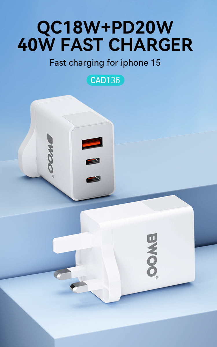 Bwoo fast Charger, 3 in 1 40W Fast Charger, Type C charger for Iphone, Samsung, Vivo, Honor, Huawei, Oppo Etc
