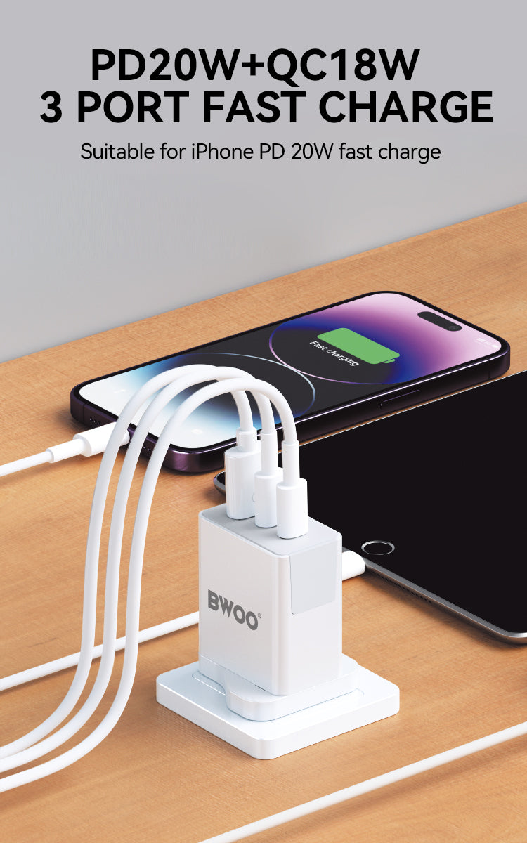 Bwoo fast Charger, 3 in 1 40W Fast Charger, Type C charger for Iphone, Samsung, Vivo, Honor, Huawei, Oppo Etc