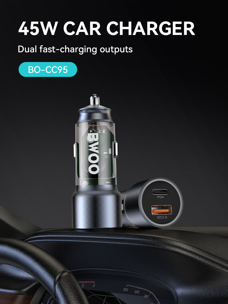 Bwoo Fast Car Charger, 43W USB-C Car charger 2 Ports Transparent & Grey