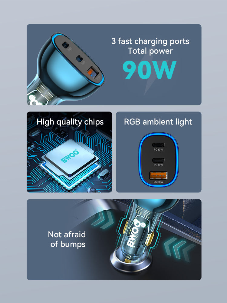 Bwoo Fast Car Charger, 90W USB-C Car Charger 3 Port Transparent & Blue for Iphone, Ipad, Samsung, Vivo, Huawei