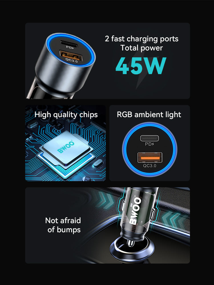 Bwoo Fast Car Charger, 43W USB-C Car charger 2 Ports Transparent & Grey