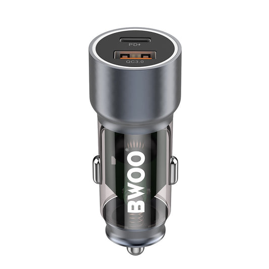 Bwoo Fast Car Charger, 43W USB-C Car charger 2 Ports Transparent & Grey