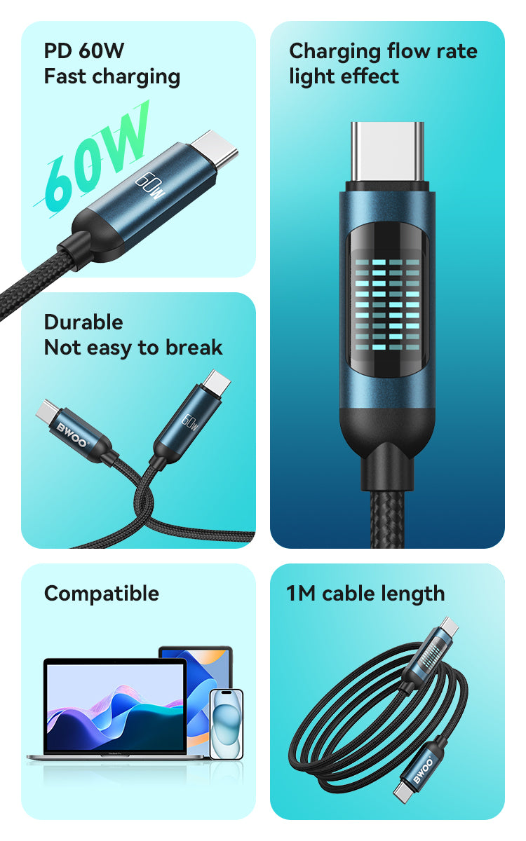 Bwoo Type Iphone Charging Cable And Data Cable Type-C to Lightning Charging Cable PD 27W 1M with LED display for Iphone 11,12,13,14 and Ipad