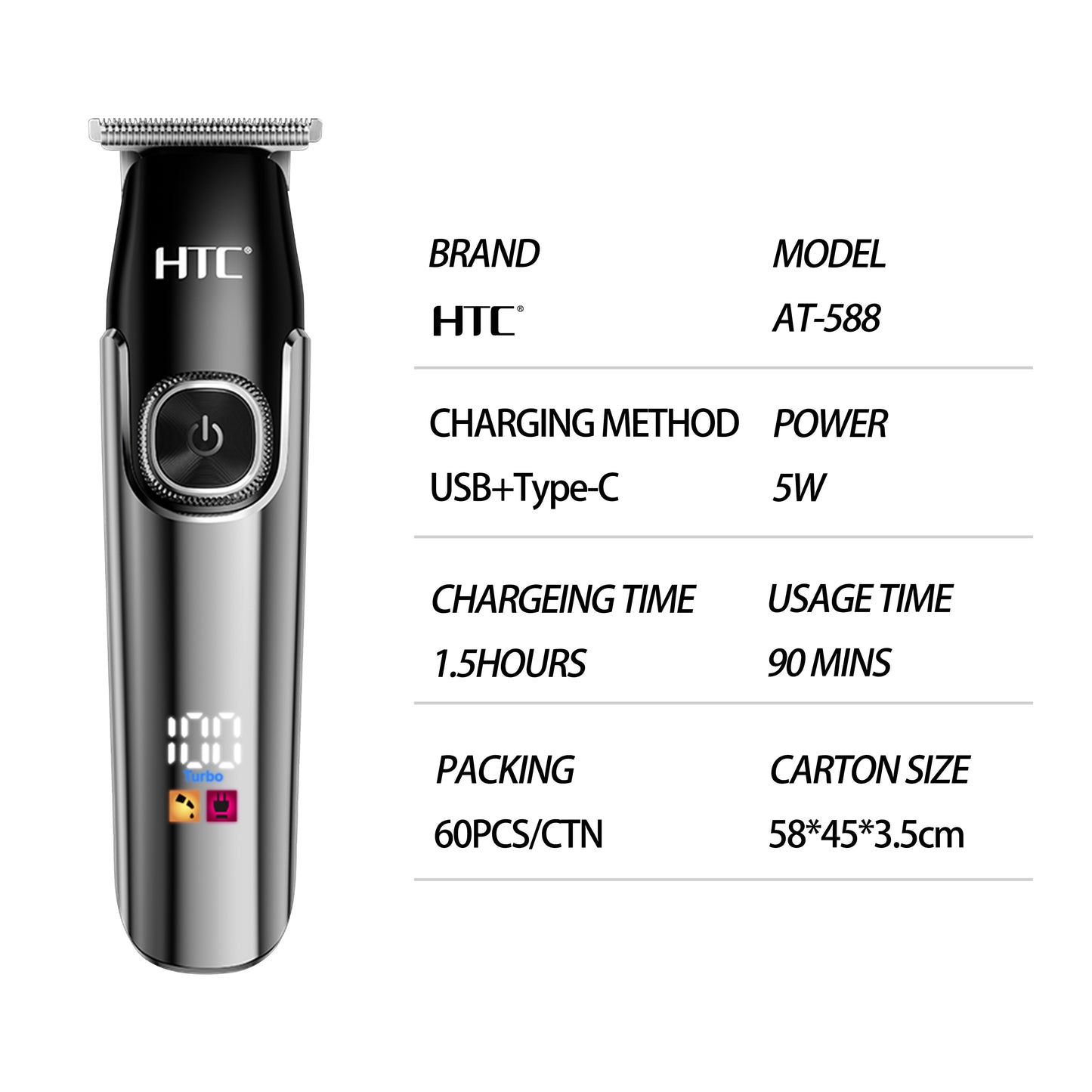 HTC Hair Clipper, Beard Trimmer with 2 Speed Settings, USB Rechargeable Cordless T-Shape Shaver with LED Display and 3 Combs, AT588 (BLACK)