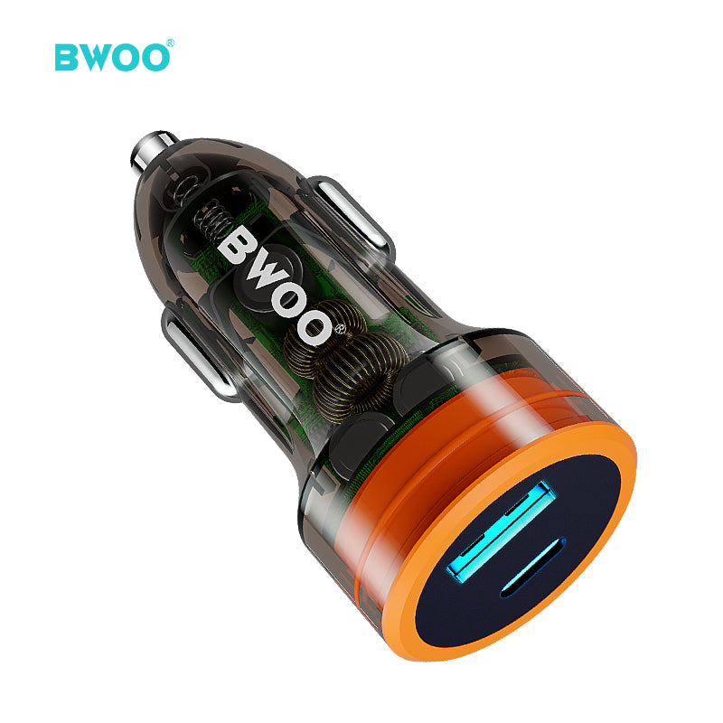 Bwoo Car Charger 38W USB-A+USB-C 2 in 1 Transparent Car Fast Charger for Iphone, Samsung, Vivo, Honor, One Plus Etc