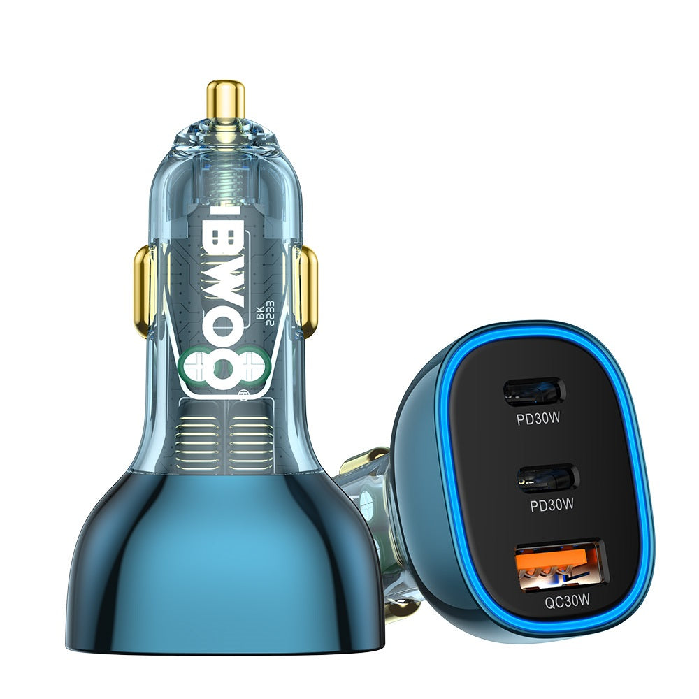 Bwoo Fast Car Charger, 90W USB-C Car Charger 3 Port Transparent & Blue for Iphone, Ipad, Samsung, Vivo, Huawei