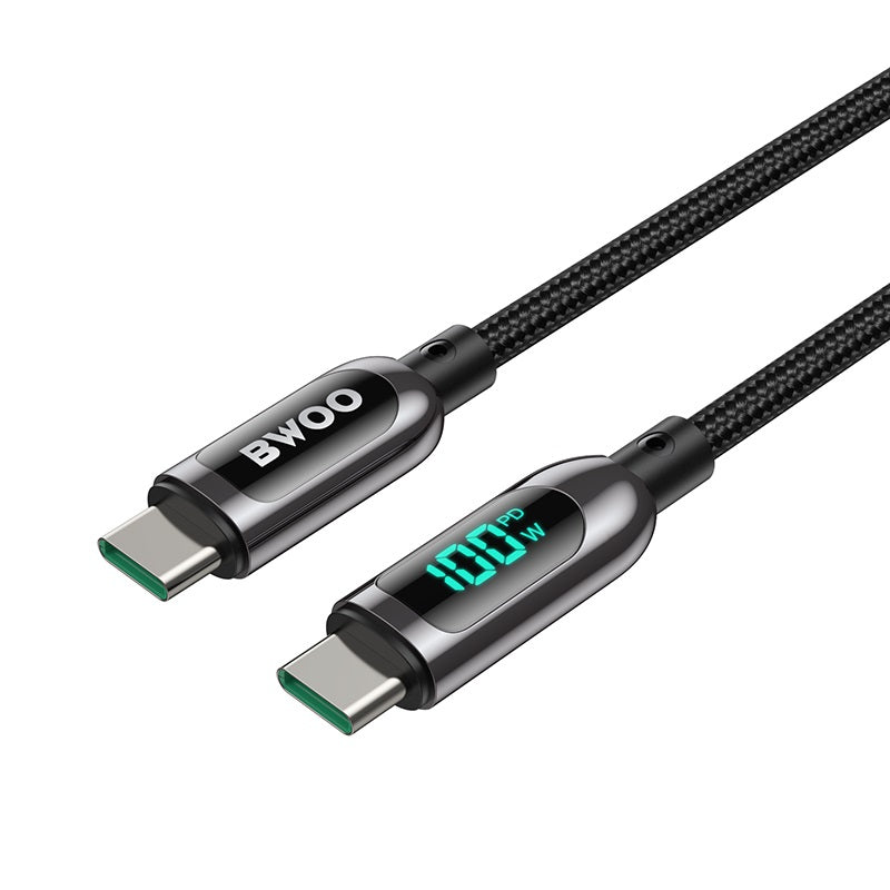 Bwoo X275 100W Super Fast charging type C to type C data cable with Real time Digital Power Display, Nylon braided, Zinc-alloy shell, Automated power