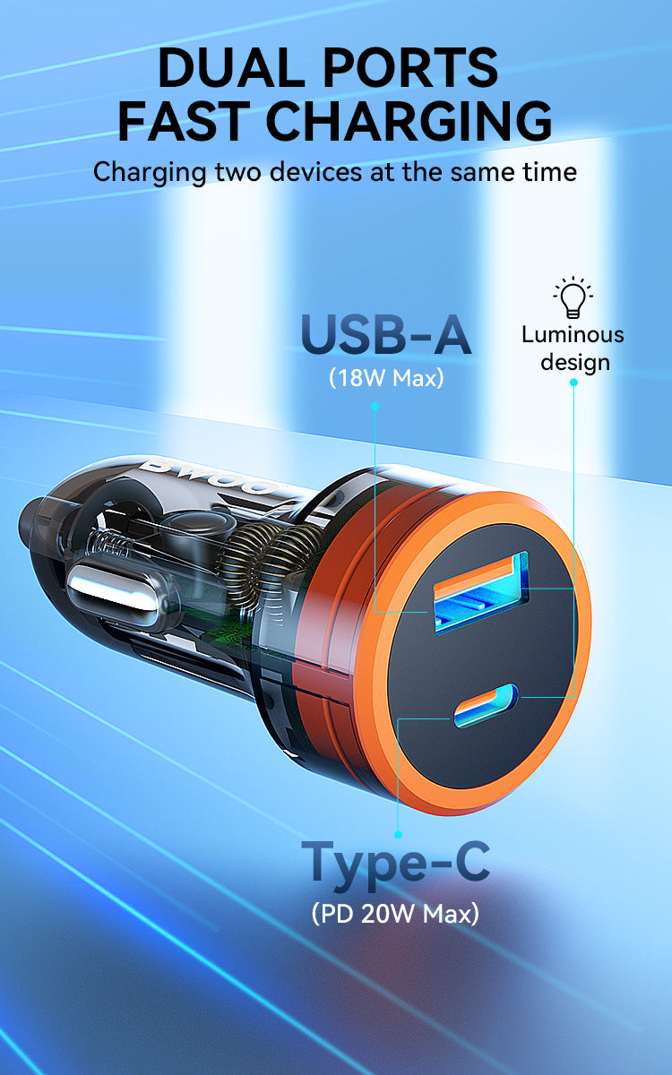 Bwoo Car Charger 38W USB-A+USB-C 2 in 1 Transparent Car Fast Charger for Iphone, Samsung, Vivo, Honor, One Plus Etc
