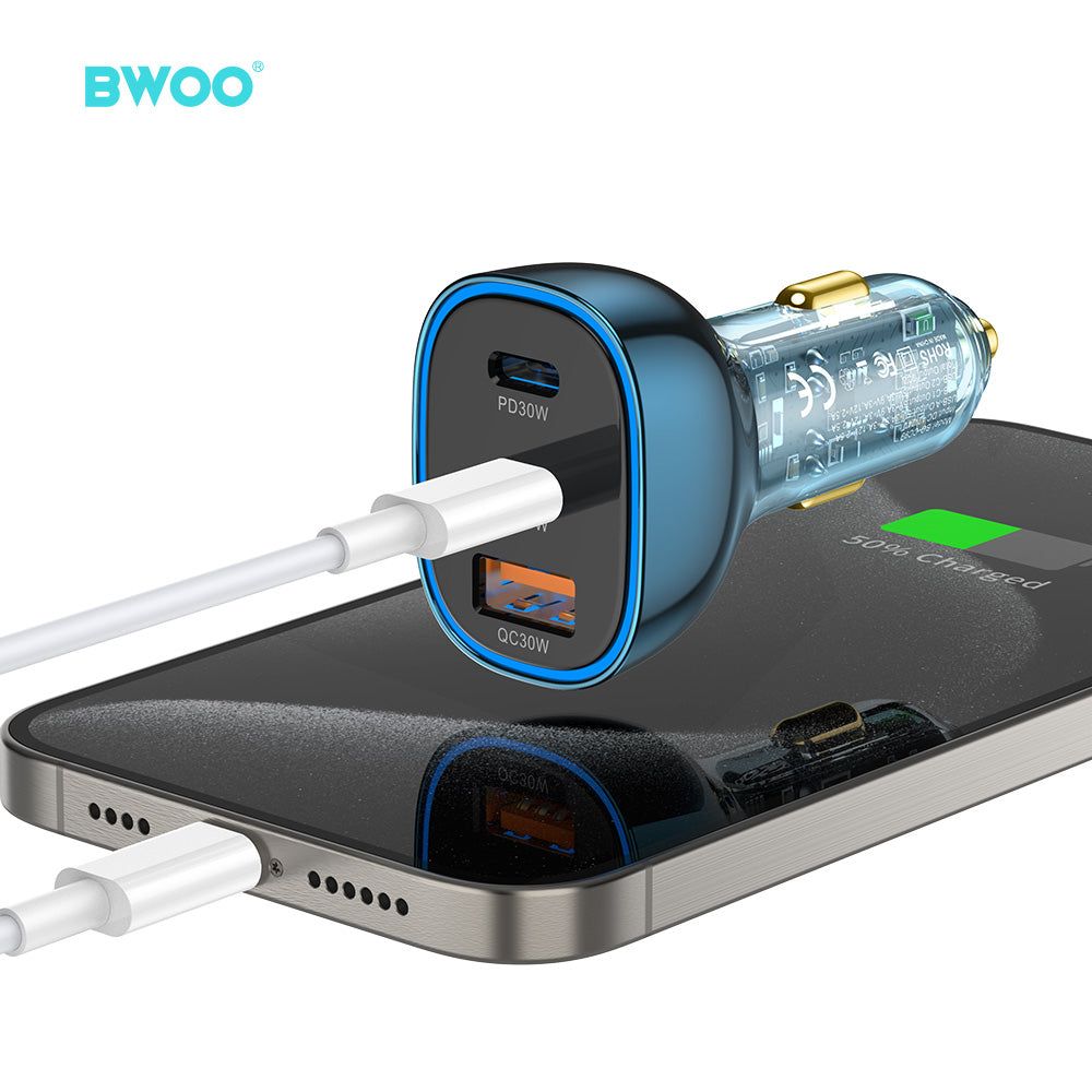 Bwoo Fast Car Charger, 90W USB-C Car Charger 3 Port Transparent & Blue for Iphone, Ipad, Samsung, Vivo, Huawei