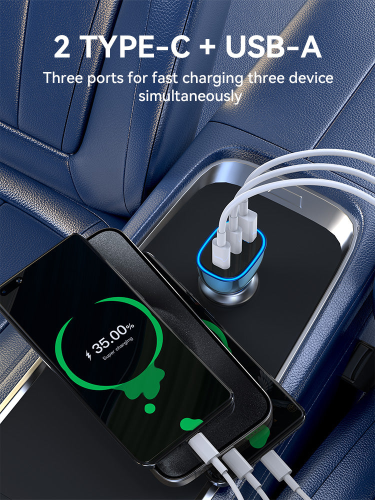 Bwoo Fast Car Charger, 90W USB-C Car Charger 3 Port Transparent & Blue for Iphone, Ipad, Samsung, Vivo, Huawei