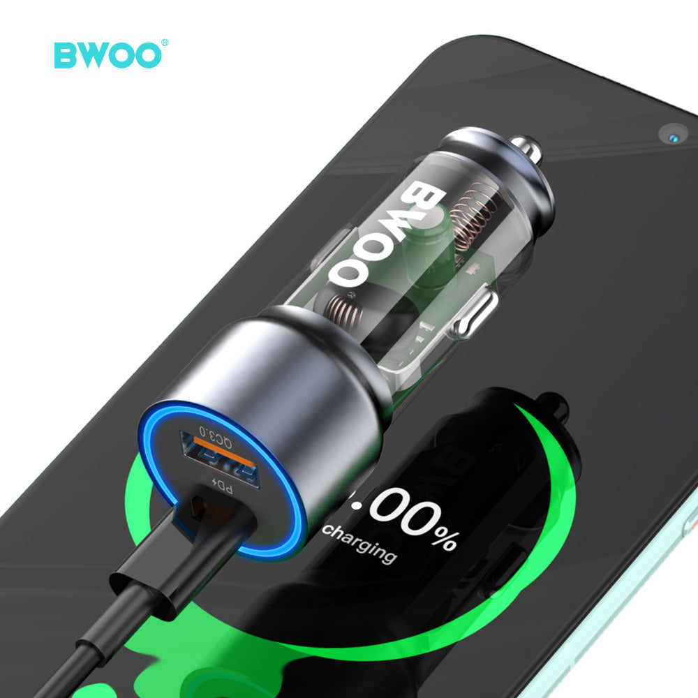 Bwoo Fast Car Charger, 43W USB-C Car charger 2 Ports Transparent & Grey