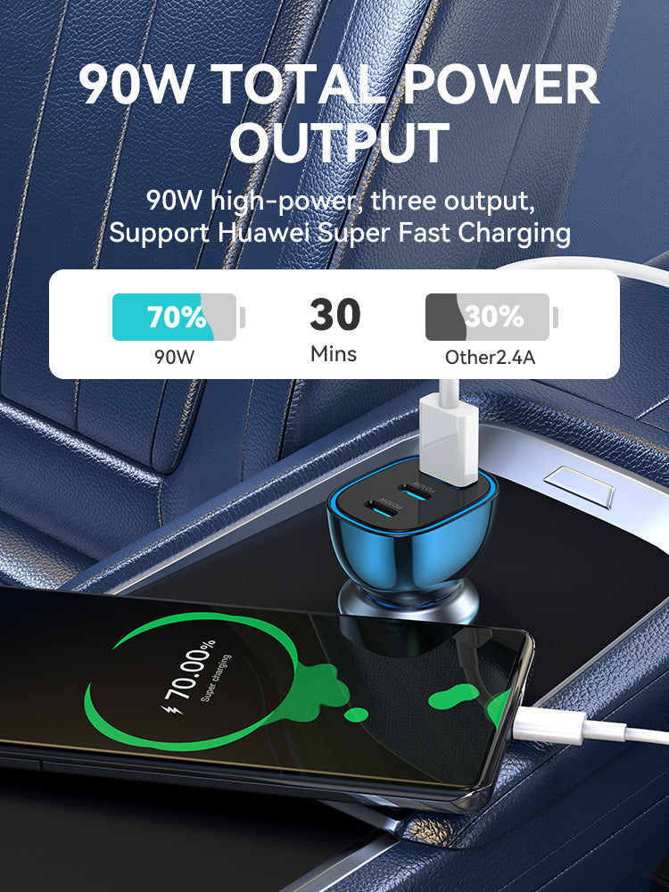 Bwoo Fast Car Charger, 90W USB-C Car Charger 3 Port Transparent & Blue for Iphone, Ipad, Samsung, Vivo, Huawei