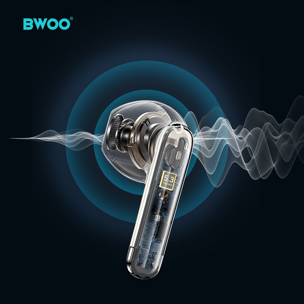 Bwoo True Wireless Headphones with ENC Half-in-ear Wireless Earbuds BT V5.3 for Gaming and Sports (Black)
