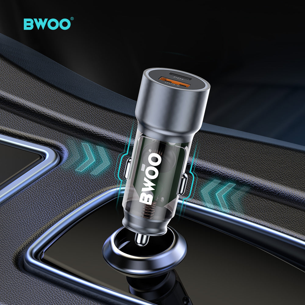 Bwoo Fast Car Charger, 43W USB-C Car charger 2 Ports Transparent & Grey