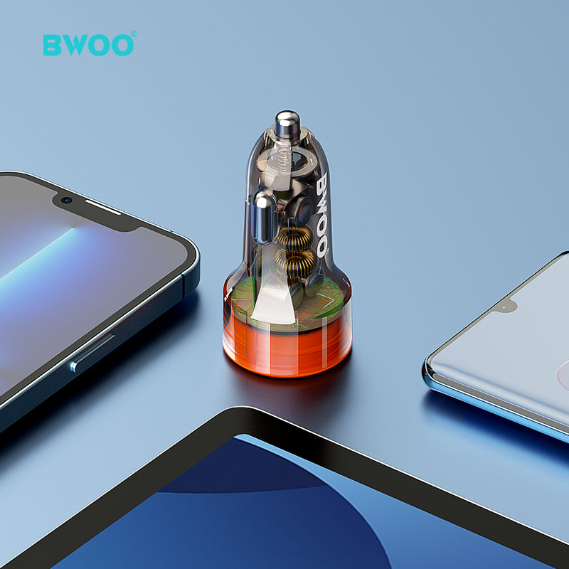 Bwoo Car Charger 38W USB-A+USB-C 2 in 1 Transparent Car Fast Charger for Iphone, Samsung, Vivo, Honor, One Plus Etc