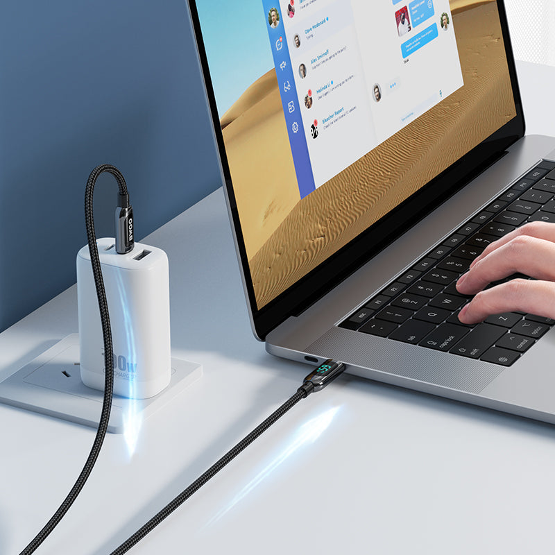 Bwoo X275 100W Super Fast charging type C to type C data cable with Real time Digital Power Display, Nylon braided, Zinc-alloy shell, Automated power