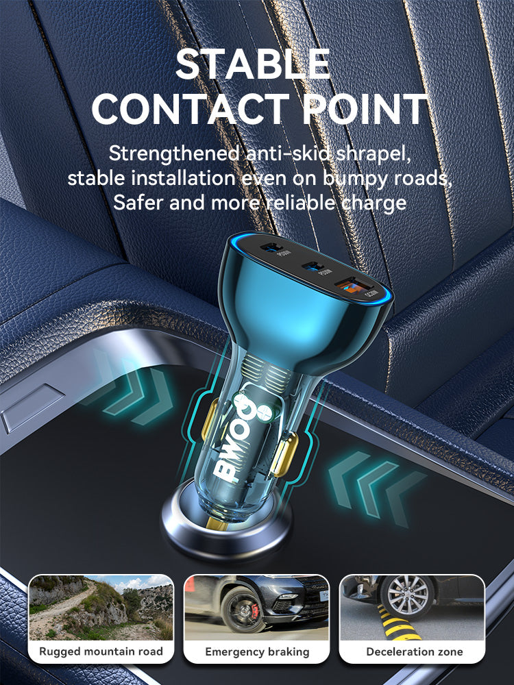 Bwoo Fast Car Charger, 90W USB-C Car Charger 3 Port Transparent & Blue for Iphone, Ipad, Samsung, Vivo, Huawei