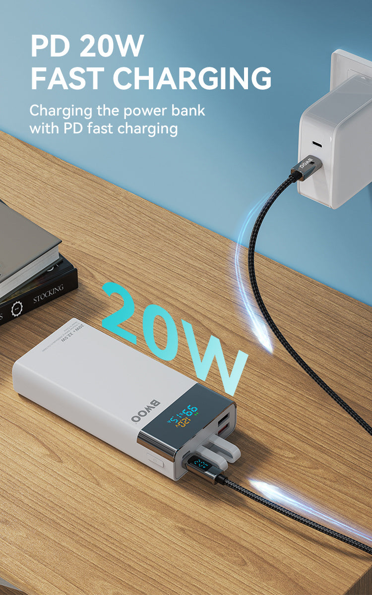 Bwoo Super Ultra Fast Power Bank, 20000mAh 22.5W Fast Charge Power Bank with built-in Cables, Fast Charging Power Bank for Samsung, Iphone, Samsung, Vivo, Honor, One Plus Etc