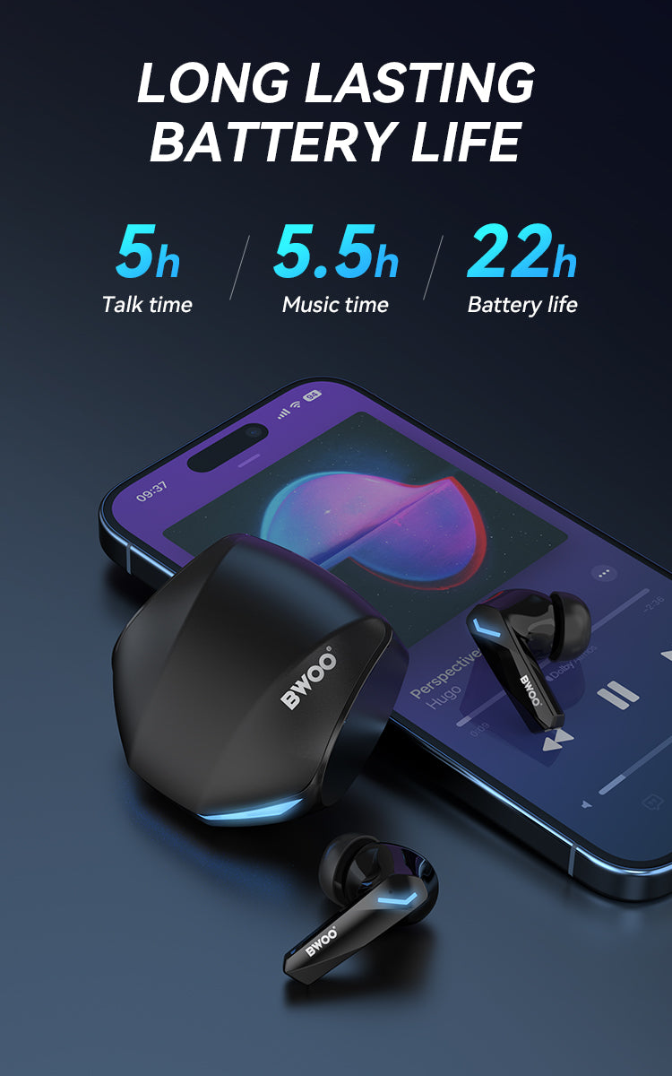Bwoo ENC In-ear Wireless Earbuds BT V5.3 for Gaming with long Battery Life