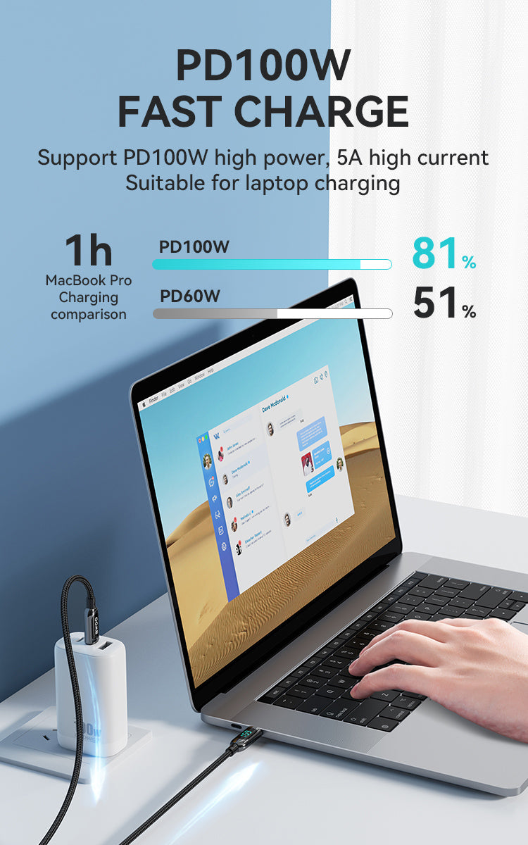 Bwoo X275 100W Super Fast charging type C to type C data cable with Real time Digital Power Display, Nylon braided, Zinc-alloy shell, Automated power