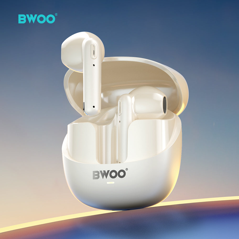 Bwoo True Wireless Headphones with ENC Half-in-ear Wireless Earbuds BT V5.3 for Gaming and Sports (Off-White)