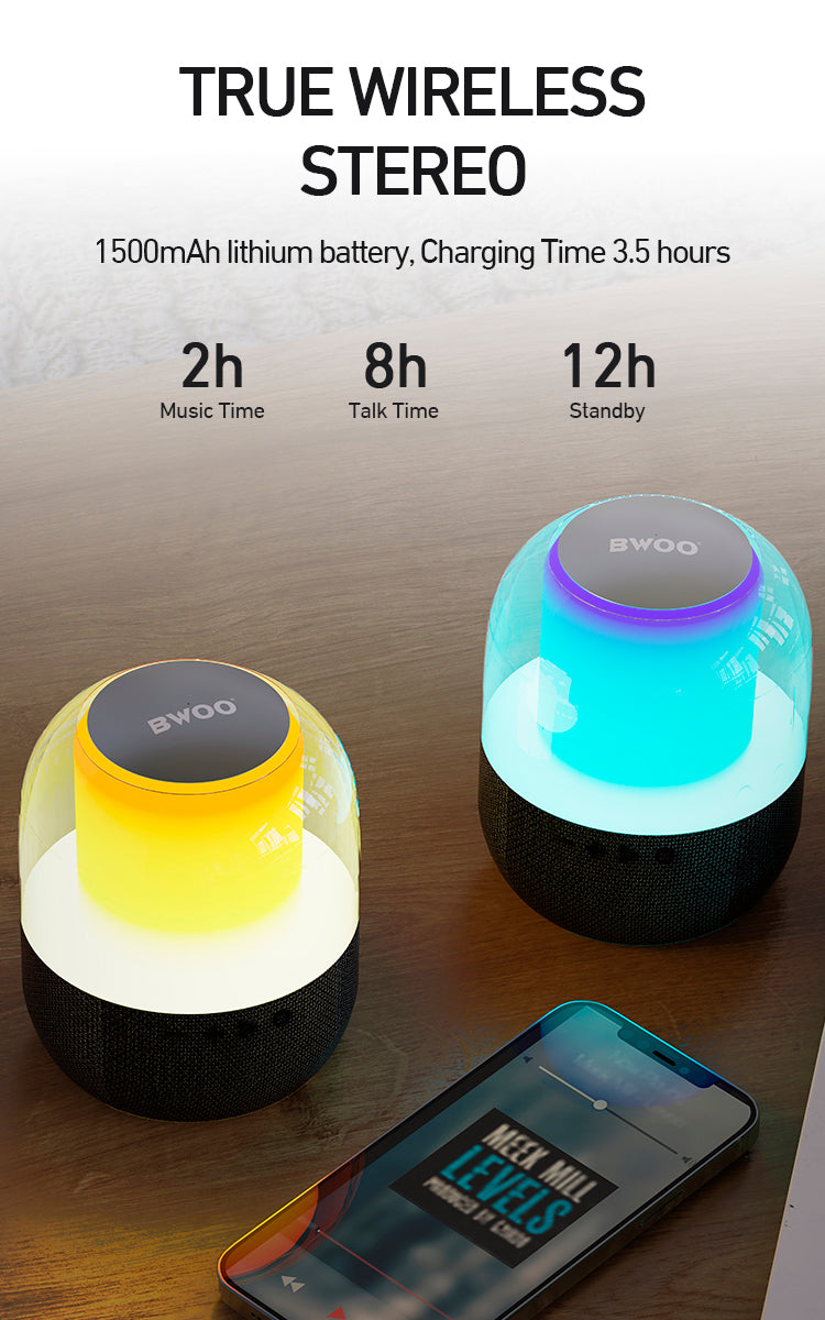 Bwoo IPX6 Waterproof Super Bass Portable Wireless Speaker, RGB Colorful Light Wireless Speaker