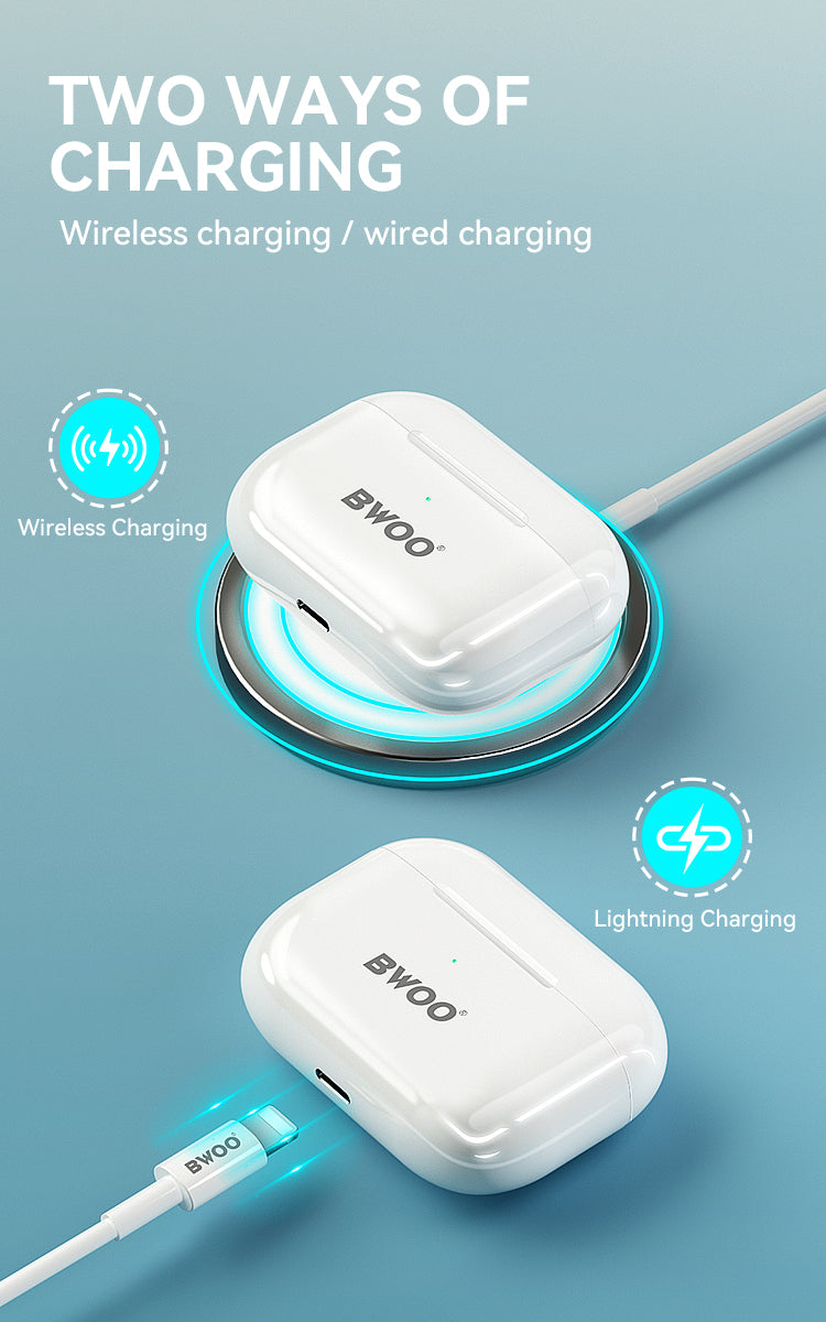 Bwoo Headphones, Hi-Fi Sound with Noise reduction Wireless Earbuds with Wireless Charging Case