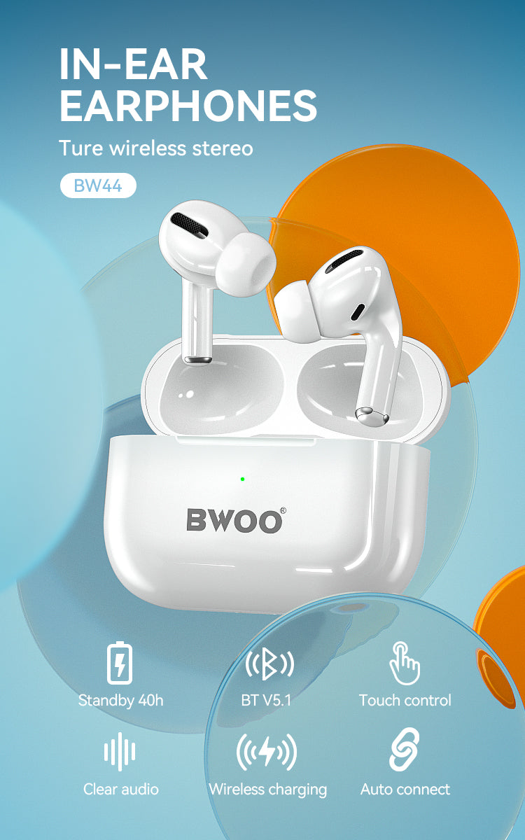 Bwoo Headphones, Hi-Fi Sound with Noise reduction Wireless Earbuds with Wireless Charging Case