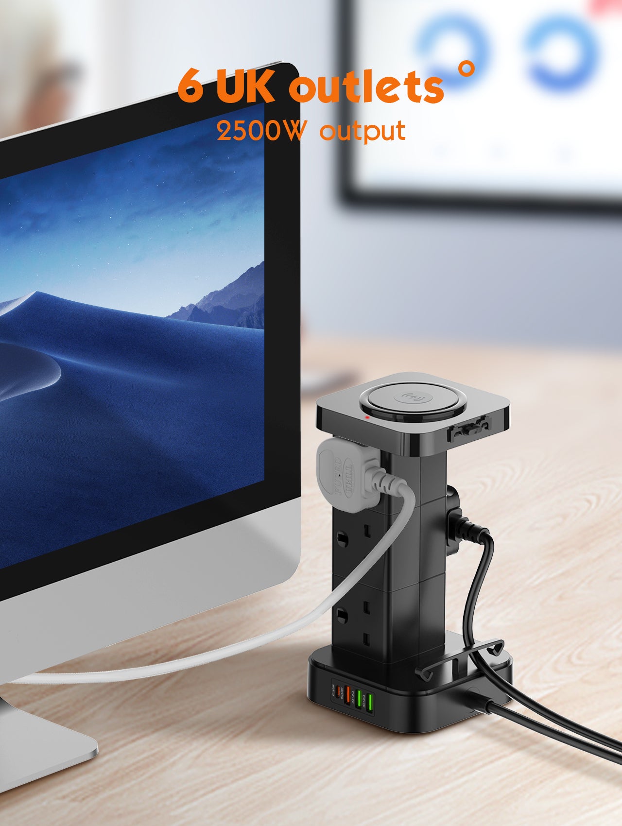 LDNIO 3-in-1 USB-C Power Extension Cord with 15W Wireless Charger and Cable Management Box, 5 Universal Outlets 20W USB-C PP, 2 USB-A QC3.0 18W 2M Cable