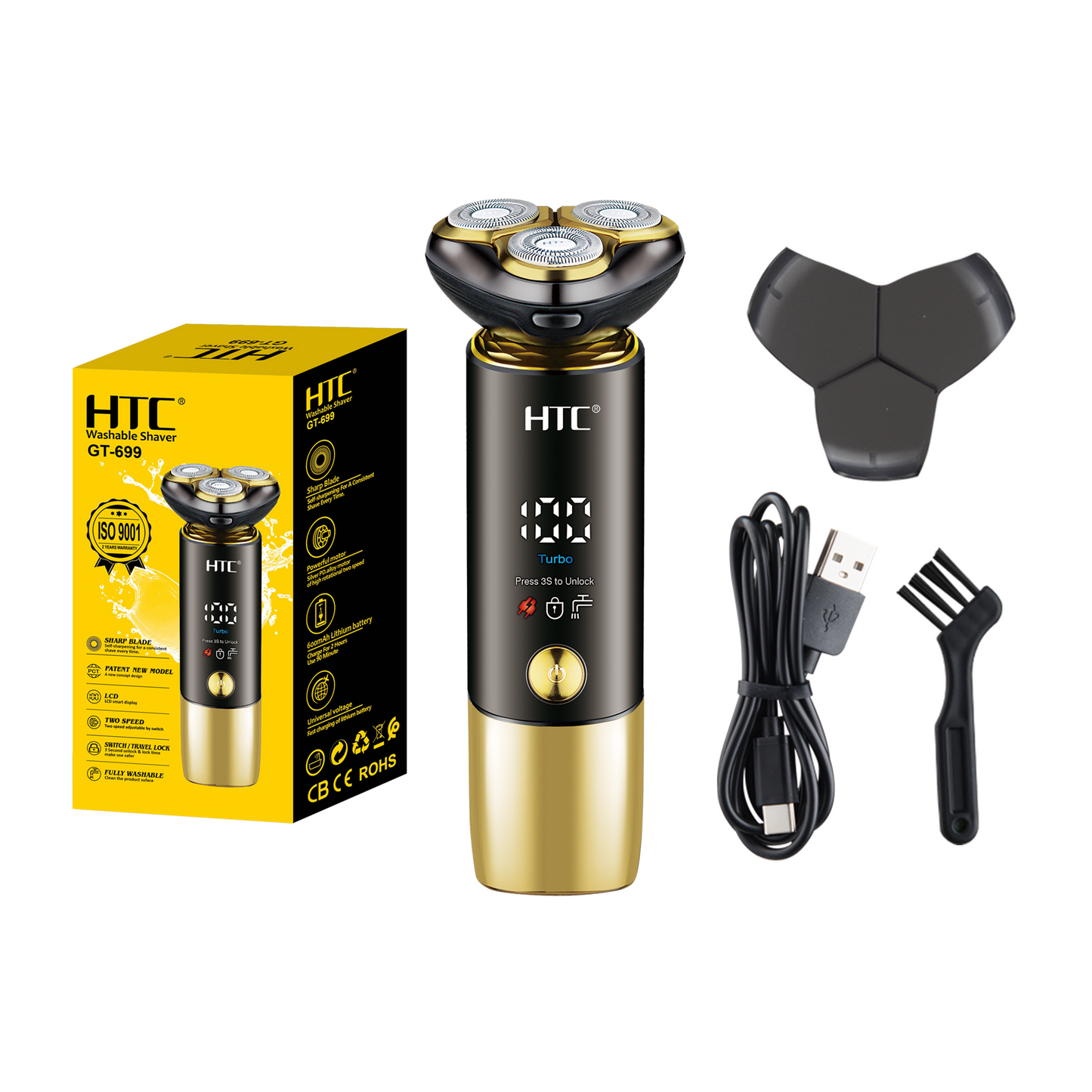 HTC GT-699 Waterproof Rotary Shaving Machine Beard Trimmer Razor USB Rechargeable Electric Shaver for Men