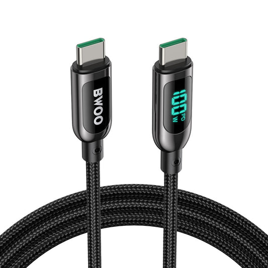 Bwoo X275 100W Super Fast charging type C to type C data cable with Real time Digital Power Display, Nylon braided, Zinc-alloy shell, Automated power