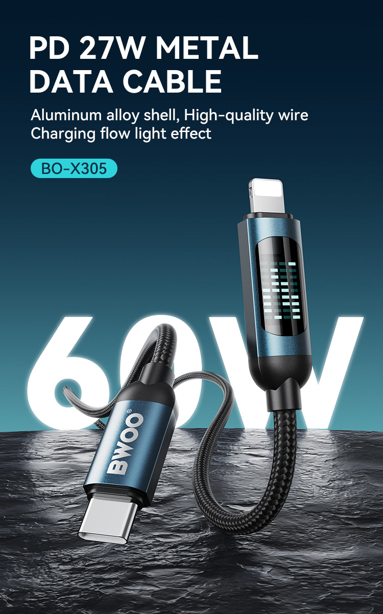 Bwoo Type Iphone Charging Cable And Data Cable Type-C to Lightning Charging Cable PD 27W 1M with LED display for Iphone 11,12,13,14 and Ipad