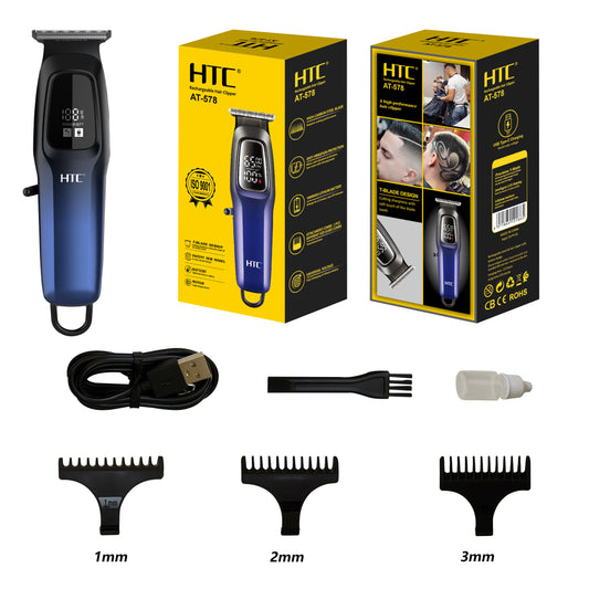 HTC Hair Clipper, Beard Trimmer with USB Rechargeable Cordless T-Shape Shaver with LED Display and 3 Combs, AT578