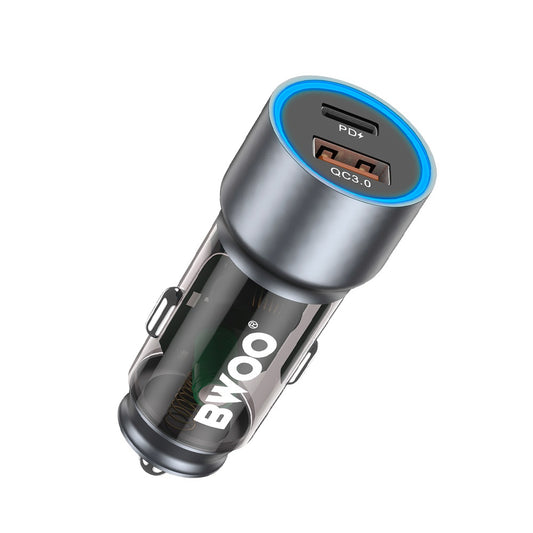 Bwoo Fast Car Charger, 43W USB-C Car charger 2 Ports Transparent & Grey