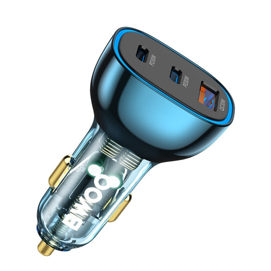 Bwoo Fast Car Charger, 90W USB-C Car Charger 3 Port Transparent & Blue for Iphone, Ipad, Samsung, Vivo, Huawei