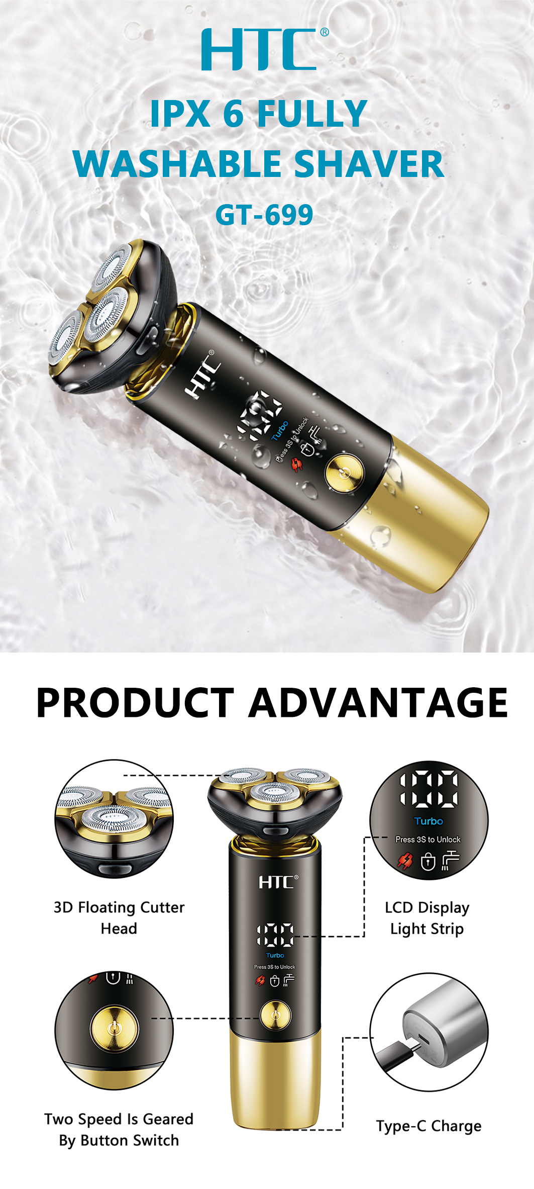 HTC GT-699 Waterproof Rotary Shaving Machine Beard Trimmer Razor USB Rechargeable Electric Shaver for Men