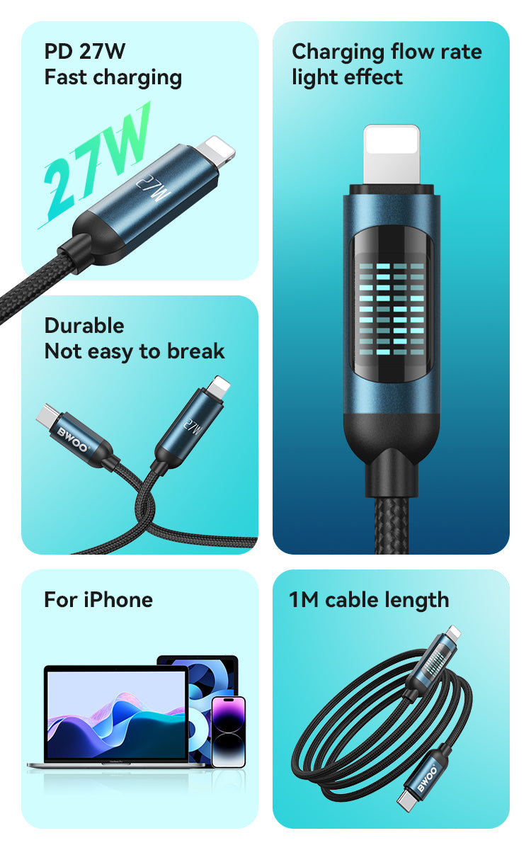 Bwoo Type Iphone Charging Cable And Data Cable Type-C to Lightning Charging Cable PD 27W 1M with LED display for Iphone 11,12,13,14 and Ipad