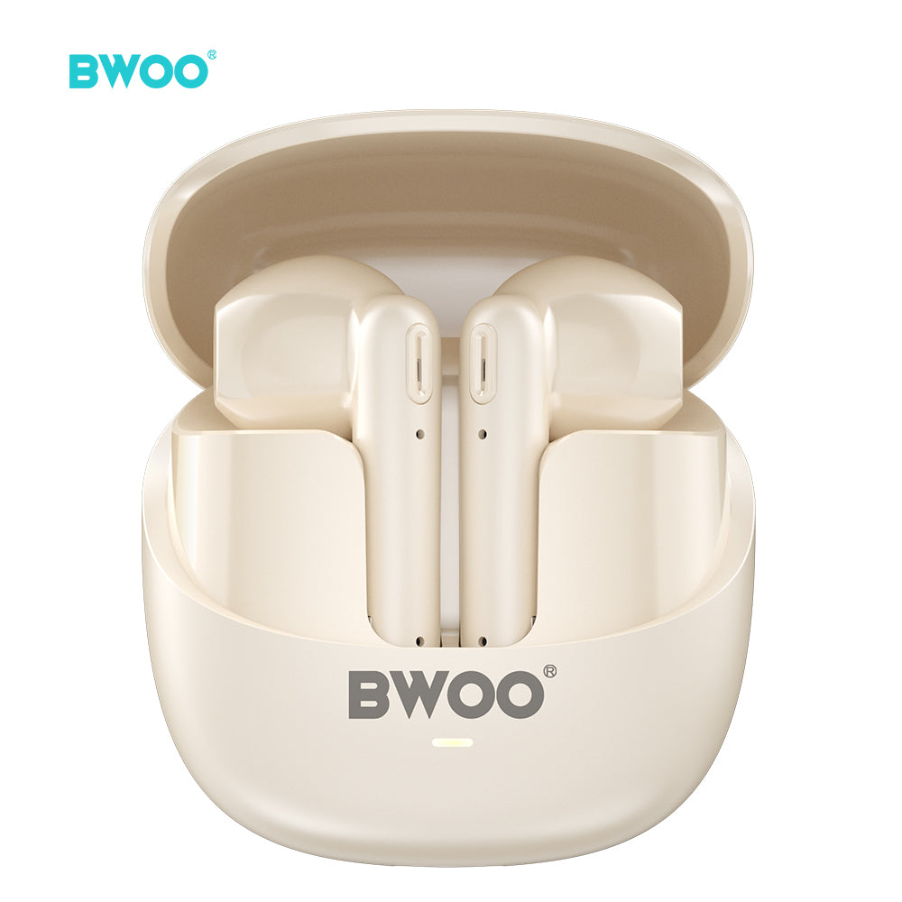 Bwoo True Wireless Headphones with ENC Half-in-ear Wireless Earbuds BT V5.3 for Gaming and Sports (Off-White)