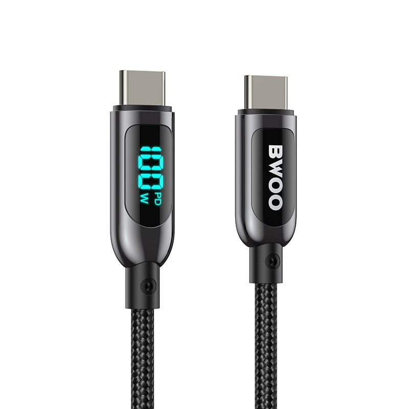Bwoo X275 100W Super Fast charging type C to type C data cable with Real time Digital Power Display, Nylon braided, Zinc-alloy shell, Automated power