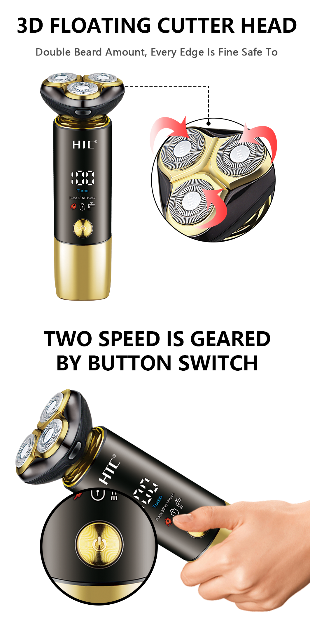 HTC GT-699 Waterproof Rotary Shaving Machine Beard Trimmer Razor USB Rechargeable Electric Shaver for Men