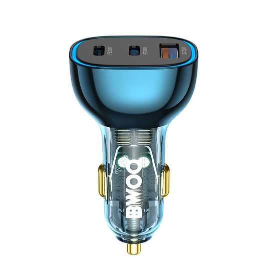 Bwoo Fast Car Charger, 90W USB-C Car Charger 3 Port Transparent & Blue for Iphone, Ipad, Samsung, Vivo, Huawei