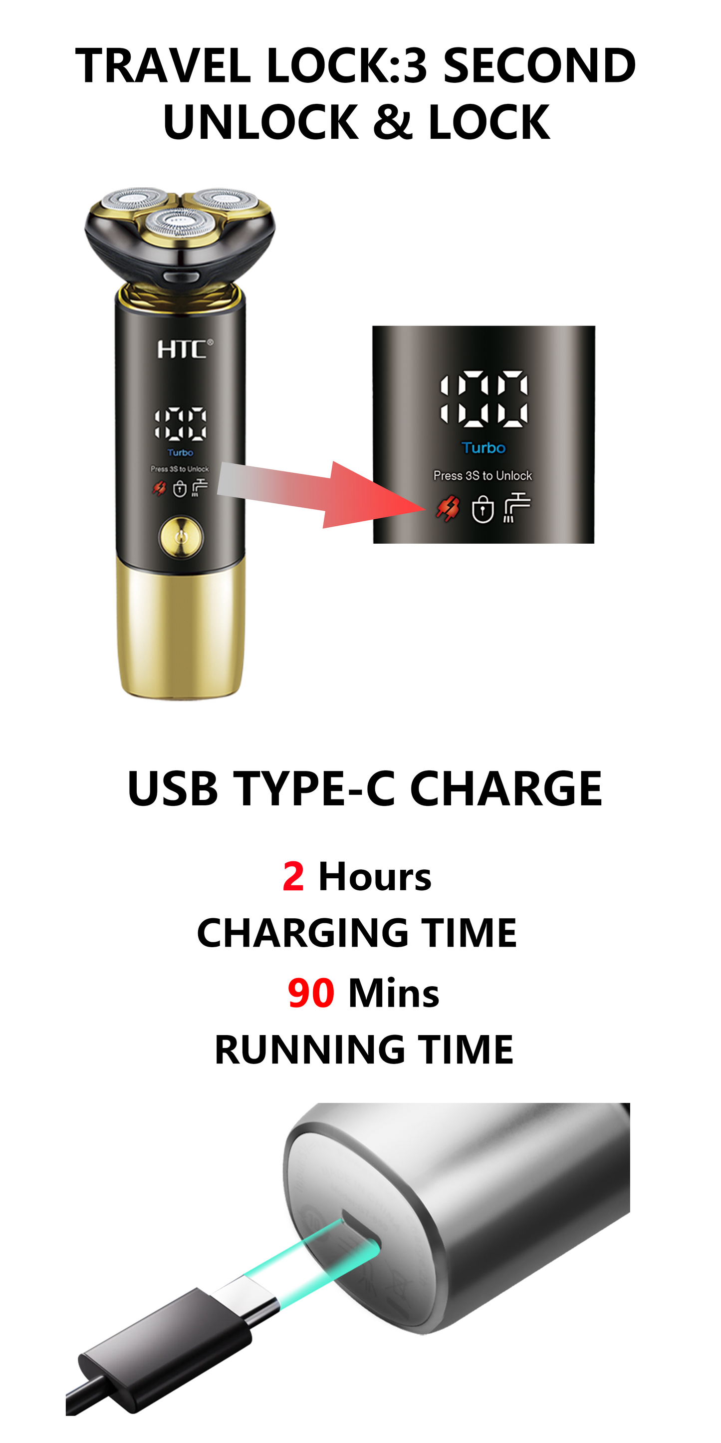 HTC GT-699 Waterproof Rotary Shaving Machine Beard Trimmer Razor USB Rechargeable Electric Shaver for Men