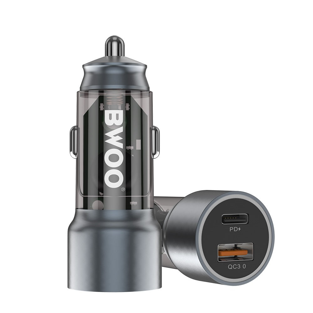 Bwoo Fast Car Charger, 43W USB-C Car charger 2 Ports Transparent & Grey