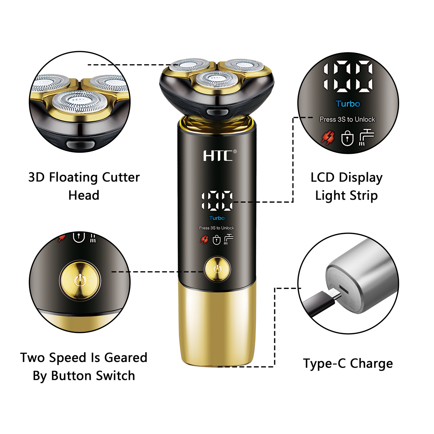 HTC GT-699 Waterproof Rotary Shaving Machine Beard Trimmer Razor USB Rechargeable Electric Shaver for Men