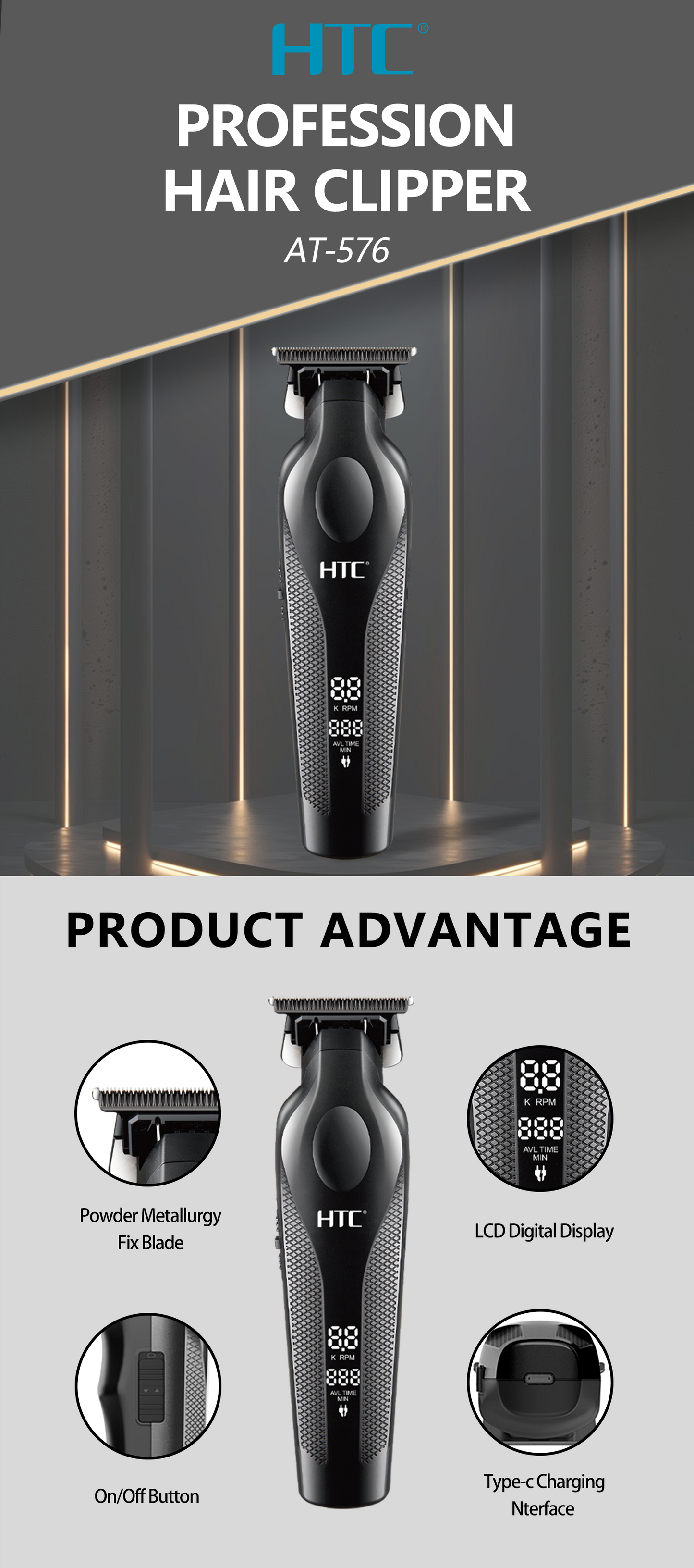 HTC AT-576 Cordless Hair Clipper with powerful motor and Zero Cutting blades