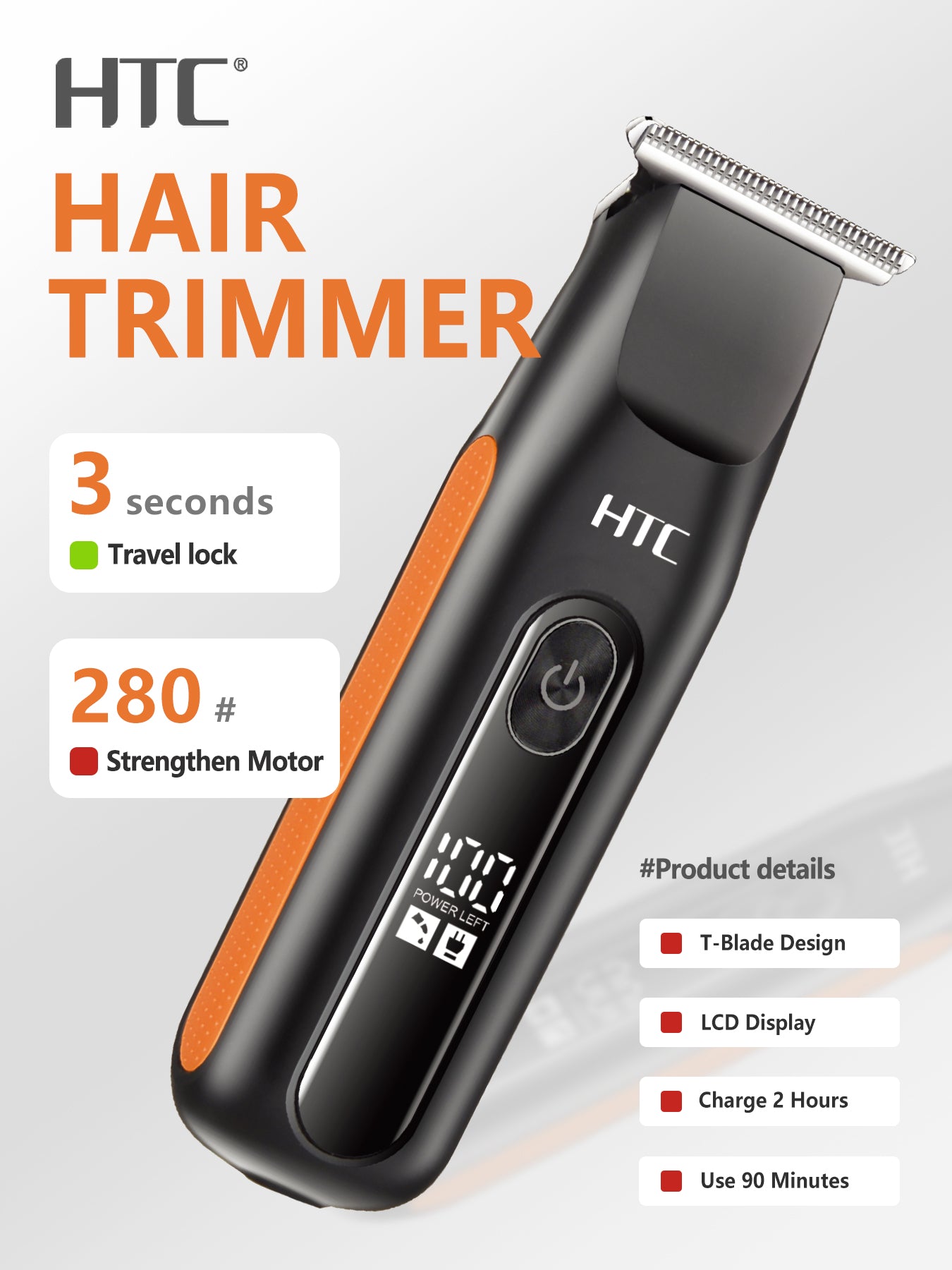 HTC AT-508 Rechargeable Hair Trimmer & Clipper Digital Display 3-Second Travel Lock Shaving Cutting for Home Use & Beard